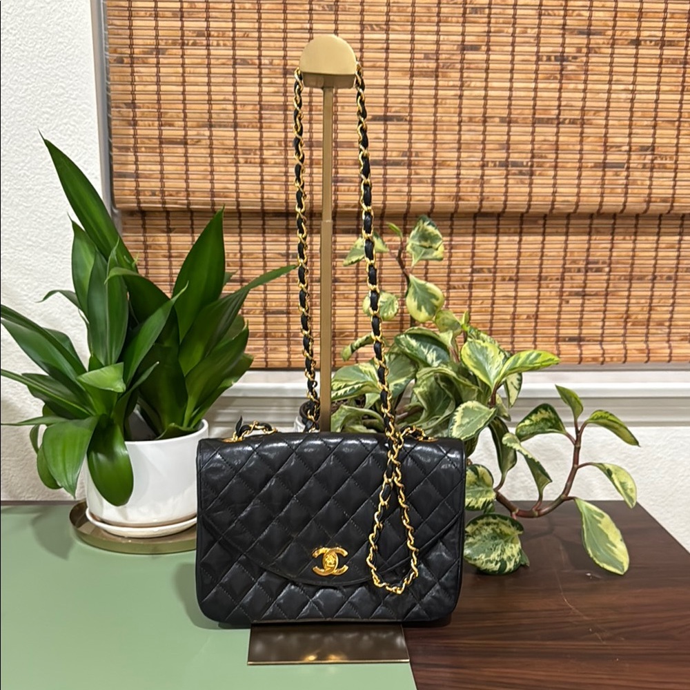Black and Gold Quilted Shoulder Bag with Chain Strap